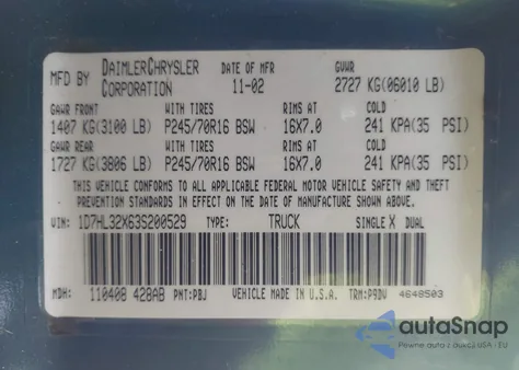 2003 Dodge Dakota Sport z USA, uszkodzony, nr VIN 1D7HL32X63S200529